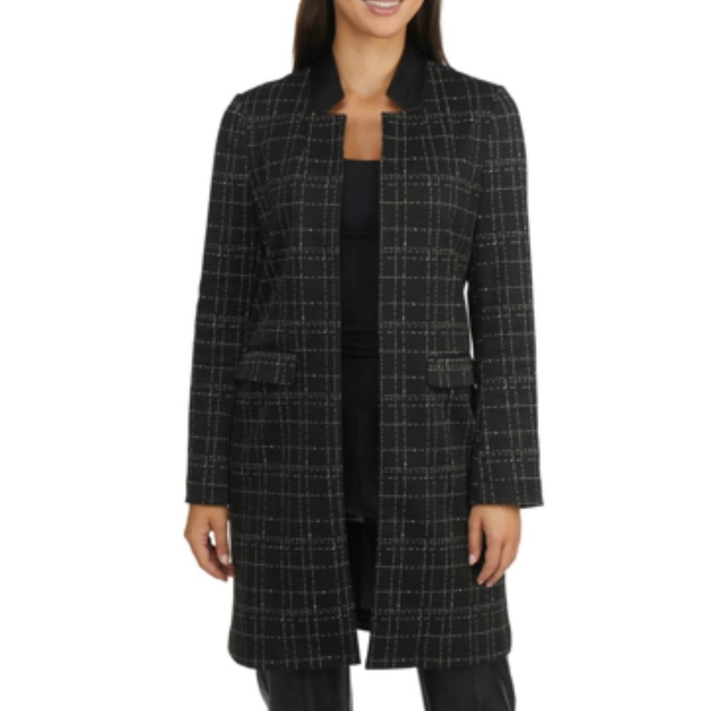 Ellen Tracy Black White Grid Print Preppy Minimalist‎ Open Front Topper Jacket L